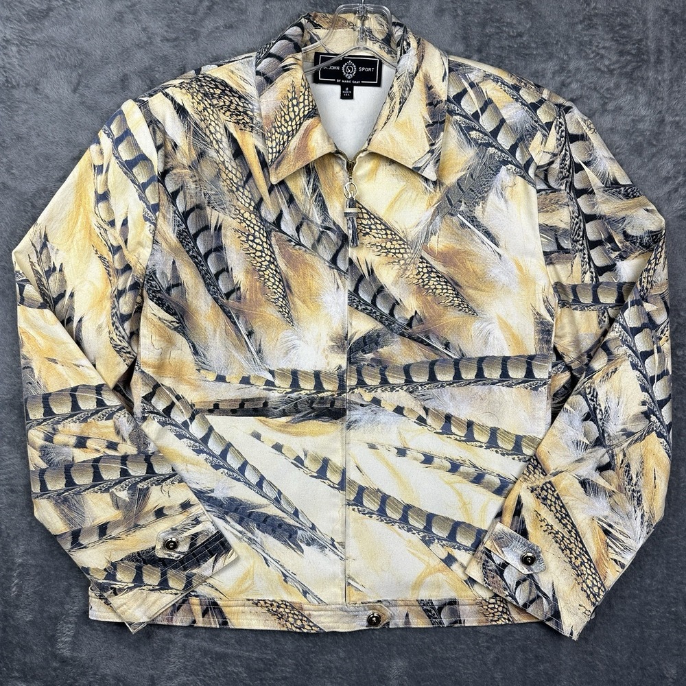 St John Sport By Marie Gray Jacket‎ Women's Medium Yellow Feather Print USA Made